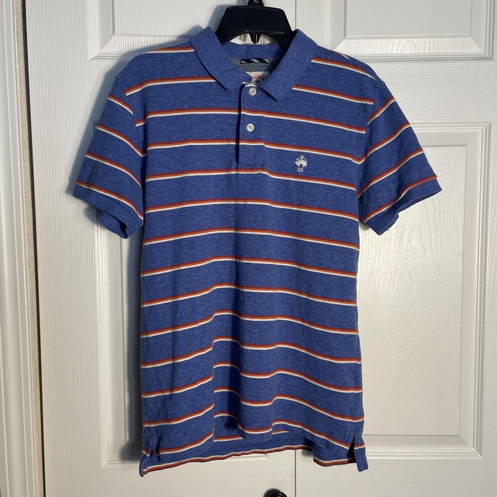 Brooks Brothers Red Fleece‎ Polo Shirt Mens Large Blue Orange Stripe Linen Blend